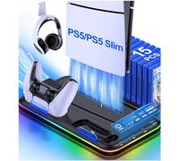 HELLCOOL Soporte para PS5/PS5 Slim,Soporte con Ventilador Refrigeración/Luces RGB/Mandos de Recarga Doble/Soporte para Auriculares/15 Ranuras de Juego, Base para Playstation 5 Disco/Digital Edición