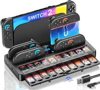 HELLCOOL Switch 2 Base de carga para Nintendo Switch 2025, estación de almacenamiento con 4 cargadores Joy-Con, 20 ranuras para tarjetas de juego con cubierta antipolvo, cable USB-C, indicadores LED y