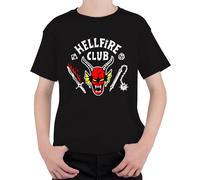 Hellfire Club Demon Cráneo Cuernos D20 Llama Espada Juego de Rol Unisex Niños Camiseta, Negro , 140