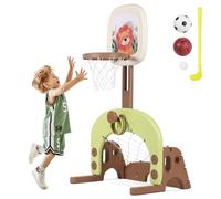 Hello-5ive Juego de baloncesto 4 en 1 para niños, altura ajustable, baloncesto/golf/fútbol/lanzamiento de anillos, juguete para interiores y exteriores para niños a partir de 3 años (verde y marrón)