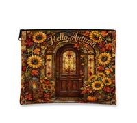 Hello Autumn - Bolsa de maquillaje de girasol, bolsa de cosméticos floral vintage para mujer, organizador portátil de lona con cremallera, bolsa de aseo de viaje de otoño, Naranja, 7x9 Inch, Girasol
