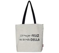 hello-bags. Bolso Totebag. Exterior: Algodón 100%. Con cremallera, forro y bolsillo interior. Incluye bonito sobre kraft de regalo. Modelo LAMUJERFELIZ. Color: Crudo/Negro. Medidas: 37 * 38 cm