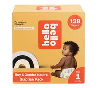 Hello Bello Pañales de primera calidad, talla 1 (8-12 libras), paquete sorpresa para niños, 128 unidades, hipoalergénicos con sensación suave, similar a la tela, patrones neutros para niños y género
