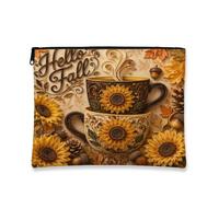 Hello Fall - Bolsa de maquillaje con diseño floral vintage y rústico para mujer, organizador portátil de lona con cremallera, bolsa de aseo de viaje de otoño, Amarillo, 7x9 Inch, Girasol