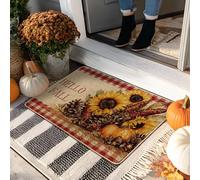 Hello Fall - Felpudo con diseño de girasol, calabaza amarilla para interiores y exteriores, decoración rústica, de goma, impermeable, antideslizante, resistente a la suciedad, fácil cuidado, 29 x 17