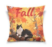 Hello Fall - Funda de almohada de satén con diseño de gato y árbol otoñal para el pelo, decoración del hogar para sofá, 18 x 18 pulgadas