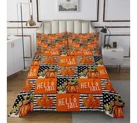 Hello Fall - Juego de colcha de tamaño individual para niños, adolescentes, dormitorio, calabaza, cosecha, retazos, decoración, juego de colcha rústica de hojas de otoño para todas las estaciones, 2