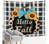 Hello Fall - Tapiz de calabaza de girasol, a cuadros, rústico, decorativo, para colgar en la pared, estética de temporada para sala de estar, dormitorio, 60 x 80 pulgadas