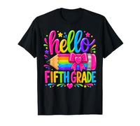 Hello Fifth Grade Rainbow Pencil Bow Back to School Girls Camiseta
