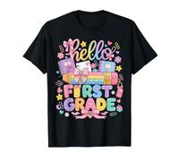 Hello First Grade Rainbow Pencil Bow Back to School Girls Camiseta