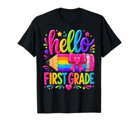 Hello First Grade Rainbow Pencil Bow Back to School Girls Camiseta