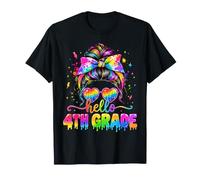 Hello Fourth Grade Rainbow Messy Bun Teacher Back To School Camiseta