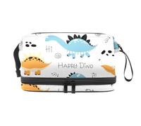 Hello Happy Dinosaur - Bolsa de cosméticos de doble capa para mujeres y niñas, neceser de viaje para maquillaje, práctica bolsa organizadora con compartimento para cepillos, multicolor, 27x15x14