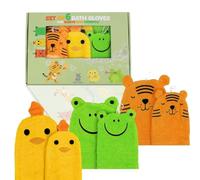 Hello Hippo® Juego de 6 Manoplas de Baño Bebé - 3 para Padres + 3 para Niños - 100% Algodón Suave - Tigre, Pollito y Rana - Esponjas Bebé, Recién Nacido Lavables