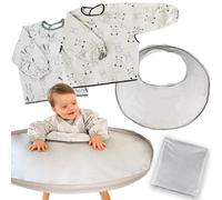 Hello Hippo® Kit 2 baberos impermeables para bebé con bandeja gris para trona - Bandeja de aprendizaje con ventosa - Mangas largas para comidas, pintura y actividades creativas