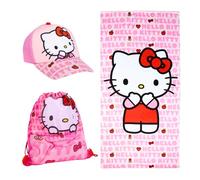 Hello Kitty Gorra de Beisbol Toalla y Mochila Saco Cordón, Set 3 Piezas Infantil, Regalo de Verano Playa Piscina Excursiones para Niñas