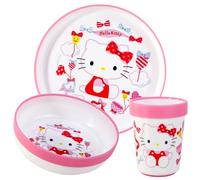 Hello Kitty Juego de 3 vajillas reutilizables bicolor prémium para niños, plato, cuenco y vaso, sin BPA