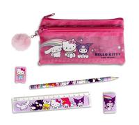 Hello Kitty - Juego de papelería de 5 piezas con estuche, lápiz, regla, borrador y sacapuntas para niños