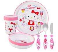 Hello Kitty Kids - Juego de vajilla reutilizable de 6 piezas, plato/cuenco/taza/cuchillo/tenedor/cuchara, vajilla para niños