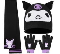 Hello Kitty Kuromi Sanrio Conjunto Bufanda y Gorro y Guantes Niña o Pack Gorro Guantes, Accesorios Invierno, Talla Única, Regalos Niñas (Negro Kuromi 3 Pcs)