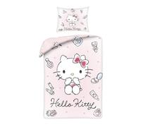 Hello Kitty Maquillaje Funda Nórdica Cama 90 140x200 + Funda Almohada Rosa | Ropa de cama reversible | Microfibra suave secado rápido Oeko-Tex | Pintalabios esmalte perfume | Sanrio | Idea regalo niña
