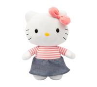 Hello Kitty Peluche de 30 cm, con Falda Vaquera y Parte Superior a Rayas Rosas, Suave y Acogedor, para Grupos de Edad, Incluye Caja de Regalo, Adorable Coleccionable