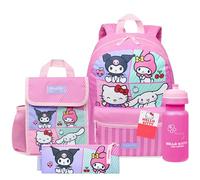 Hello Kitty Sanrio Mochila Escolar Set de 4 Piezas con Botella Agua Estuche Bolsa Almuerzo Cinnamoroll Kuromi Material Escolar