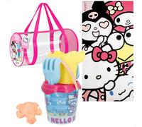 ColorBaby Hello Kitty Set de Playa Infantil, Toalla Hello Kitty, Cubo de Playa con Pala y rastrillo, Moldes de Arena, Juguetes de Playa, A Partir de 18 Meses (77886)