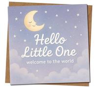 Hello Little One - Tarjeta de felicitación para bebé (145 x 145 mm), diseño de luna y estrellas, incluye sobre de papel kraft