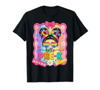 Hello Pre-K Rainbow Back To School Messy Bun Girl Camiseta