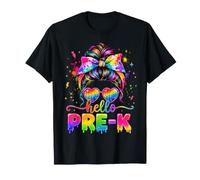 Hello Pre-K Rainbow Messy Bun Teacher Back To School Camiseta