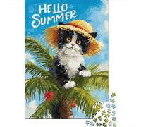 Hello Summer Cat Art Print Puzzle Imposible,desafío for Adults Entretenimiento Creativo 1000 Piezas Obra De Arte De Juego De para Adultos Y Niños Mayores De 12 Años 38x26cm/1000pcs