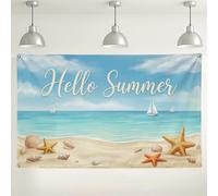 Hello Summer - Fondo de playa, decoración náutica de olas del océano, fondo de fotografía azul costero y arena para fiestas y eventos de verano, 71 x 43 pulgadas