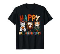 Hello thanksmas Cute Cats Halloween Acción de Gracias Navidad Camiseta