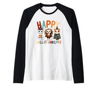 Hello thanksmas Cute Cats Halloween Acción de Gracias Navidad Camiseta Manga Raglan