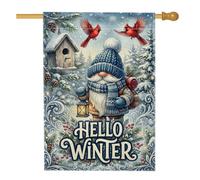Hello Winter Gnome, bandera de casa cardenal, 71 x 101 cm | Pájaros cardenales rojos, bandera de patio, linterna, pinos cubiertos de nieve, casa de pájaros rústica