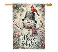 Hello Winter Snow Man Cardinal House Flag 28 x 40 pulgadas | Pájaro cardenal, bandera de césped, ramas de pino, bayas, sombrero de cubo rústico, tema de invierno de granja