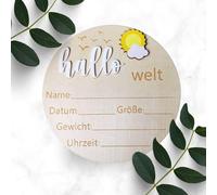 Hello World - Disco de madera 3D con texto en inglés "Baby Announcement" - Placa de recuerdo para recién nacidos con texto en inglés "Sun & Cloud"