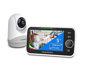 HelloBaby Monitor con cámara y Audio, Pantalla Grande de 5 Pulgadas con batería de 3500 mAh, cámara remota de Zoom panorámico, conversación bidireccional, Modo ecológico, visión Nocturna automática