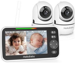 HelloBaby Monitor de Bebé con 2 Cámaras y Visión Nocturna, Pantalla Dividida de 5 Pulgadas con Batería de 26 Horas, 2 Cámaras de Video Panorámicas-Inclinación, Monitor de Bebé sin WiFi, Eco, Audio