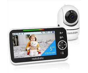 HelloBaby Vídeo - Vigilabebés con pantalla dividida de 5 pulgadas con 3500 mAh, cámara con cable, zoom pan-inclinación, vigilabebés con cámara y audio, visión nocturna, ECO, audio bidireccional, 8