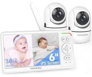 HelloBaby World's First 6" IPS Split Screen Baby Monitor with 2 cámaras - No WiFi, 30hr Battery, 355° Pan-Tilt, Night Vision 1000ft, Portable Travel Video Audio Monitor with Temp Alert/Lullabies/VOX