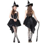 Helloween 2025 - Vestido de cosplay para fiesta de Halloween, elegante malla de encaje, correas de malla de rendimiento, sin mangas, disfraz de granate (negro, L)