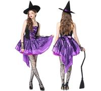 Helloween 2025 - Vestido de cosplay para fiesta de Halloween, elegante malla de encaje, correas de malla, espectáculo de rendimiento, sin mangas, disfraz de granate (morado, L)