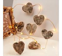Hellum cadena de luz LED con deco corazones de madera, 20 cadena de luz LED blanca cálida dentro con pilas (3AA), 10 corazones de madera, 145cm longitud de luz para el día 520453