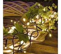 Hellum Guirnalda de luces LED para interior y exterior, con temporizador, sensor crepuscular, 40 ledes de luz blanca cálida, 390 cm de longitud de luz, cable verde, para exteriores, funciona con pilas