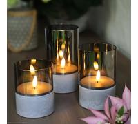 Hellum velas LED con función temporizador gris, juego de 3 en varios tamaños, velas LED de llama parpadeante, para exterior, con pilas 6xAA (no incl.) 10/12,5/15 x8cm (HxØ) 151992