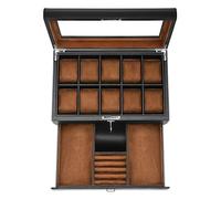 HELMDY Caja de reloj de cuero con cajón, 10 ranuras con bloqueo, soporte para relojes de joyería para hombres, organizador de exhibición de relojes de lujo, organizador de 2 niveles, estuche de