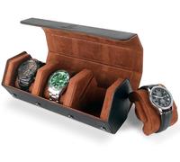HELMDY Caja Hexagonal para Relojes, Caja para 3 Relojes de Hombre, Rollo de Reloj para 3 Relojes, Almacenaje para 3 Relojes, Caja Portátil de Viaje para Relojes de Cuero de PU (Negro/Marrón)