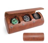 HELMDY Estuche de viaje para hombres y mujeres: rollo de viaje de 3 relojes, organizador de caja de almacenamiento y vitrina para relojes de pulsera y relojes inteligentes de hasta 50 mm (marrón)